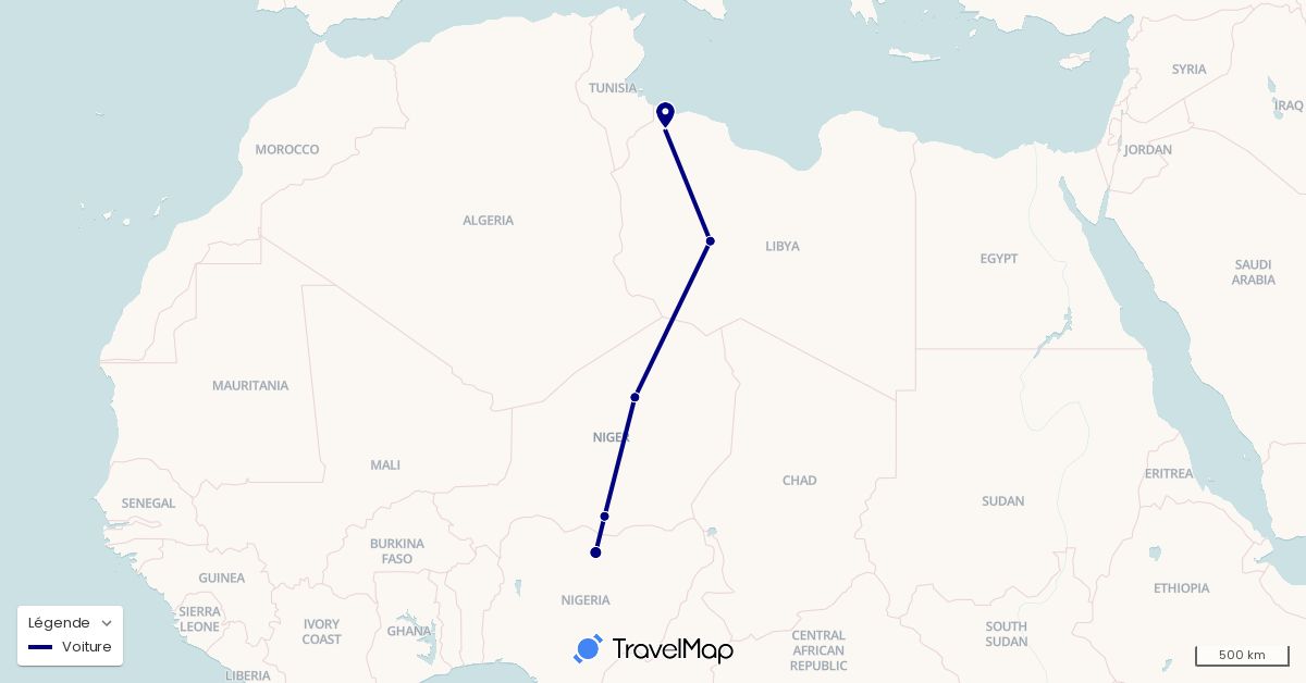 TravelMap itinerary: driving in Libya, Niger, Nigeria (Africa)